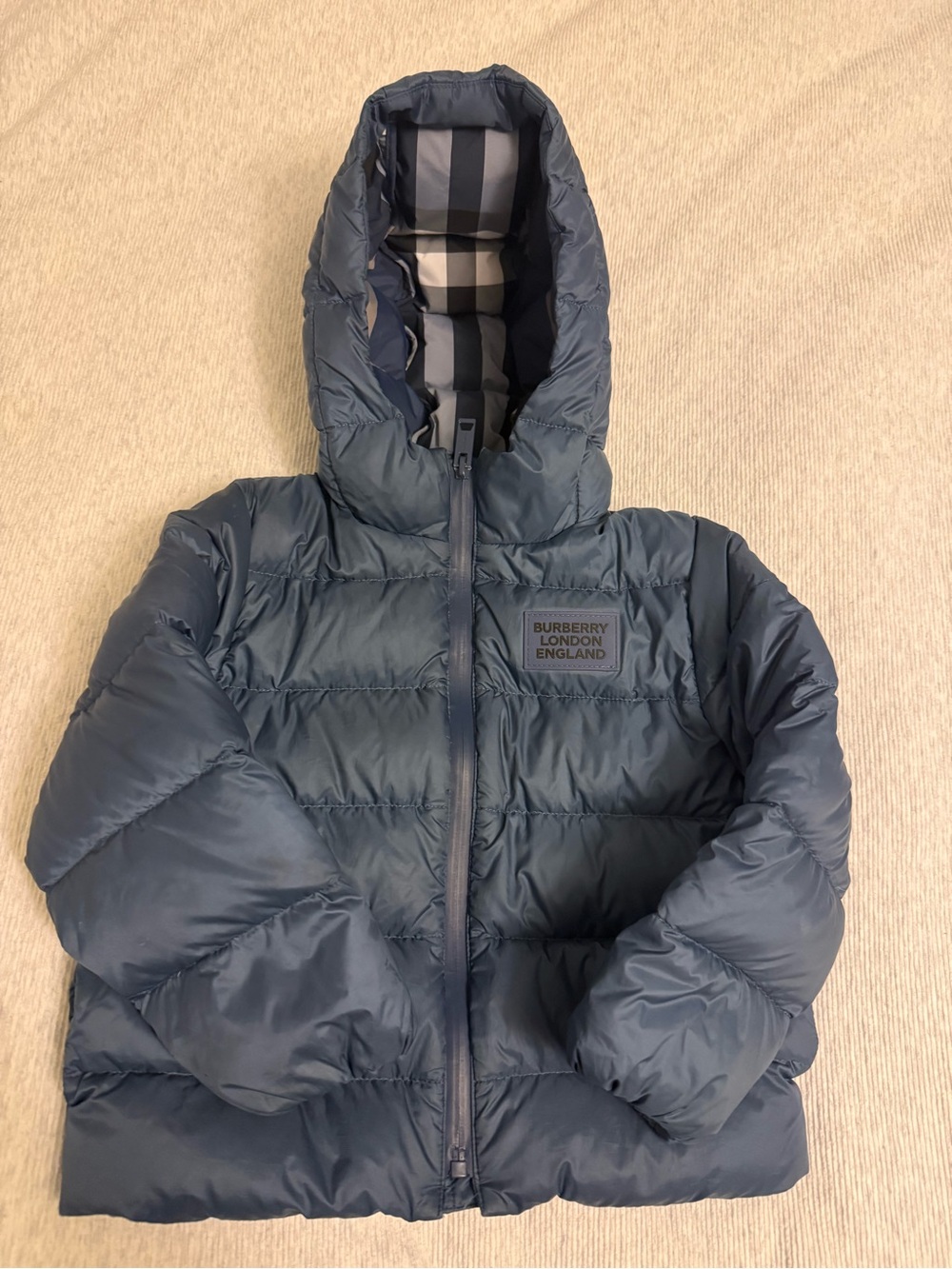Burberry Kids Blue Puffer Jacket with Hood Size 4T